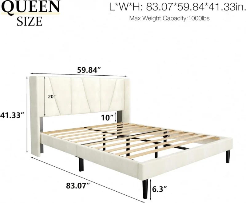 Queen Size Bed Frame with Headboard, Velvet Upholstered Platform Bed Frames, Beige - Image 6