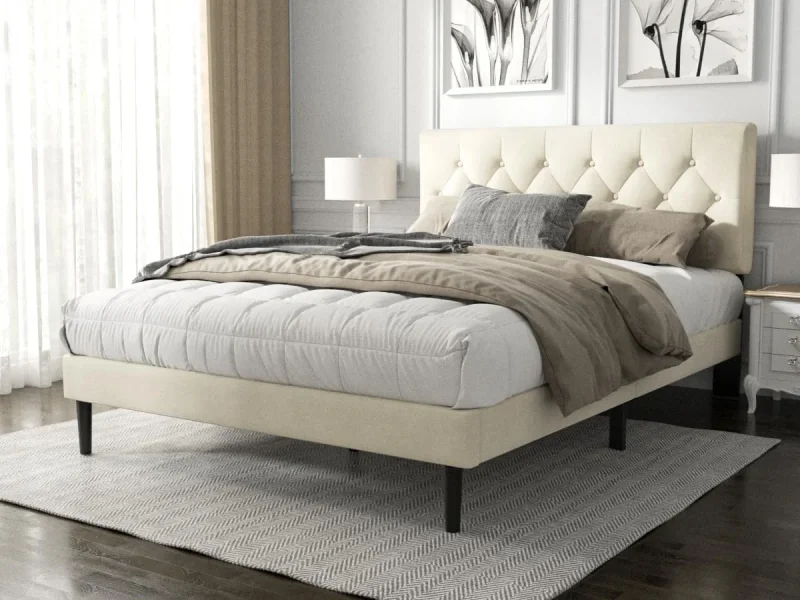 Queen Size Platform Bed Frame with Upholstered Button Tufted Headboard,  Beige Velvet - Image 2