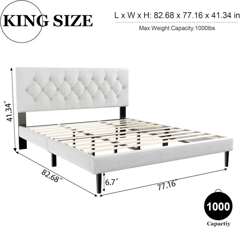 Platform Bed Frame with Upholstered Button Tufted Headboard, Mattress Foundation with Wooden Slat Support, Light Grey - Image 6