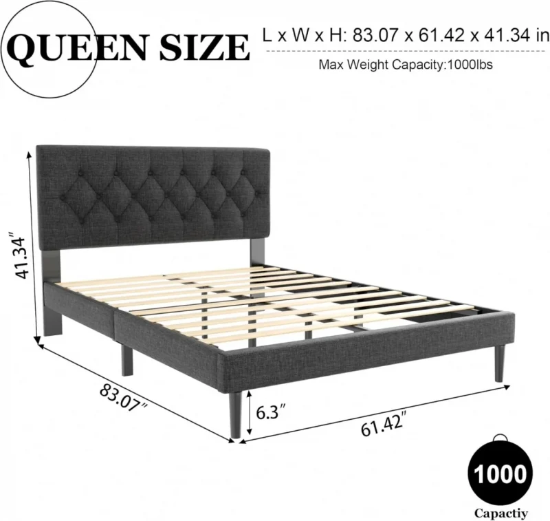 Queen Size Platform Bed Frame with Upholstered Button Tufted Headboard,  Dark Grey - Image 5