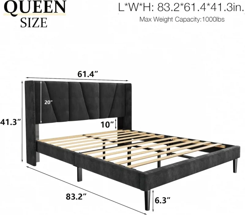 Queen Size Bed Frame with Headboard, Velvet Upholstered Platform Bed Frames,   Black - Image 7