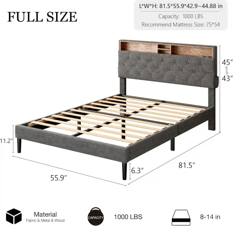 Bed Frame with 2-Tier Storage Adjustable Headboard & Charging Station, Gray - Image 7