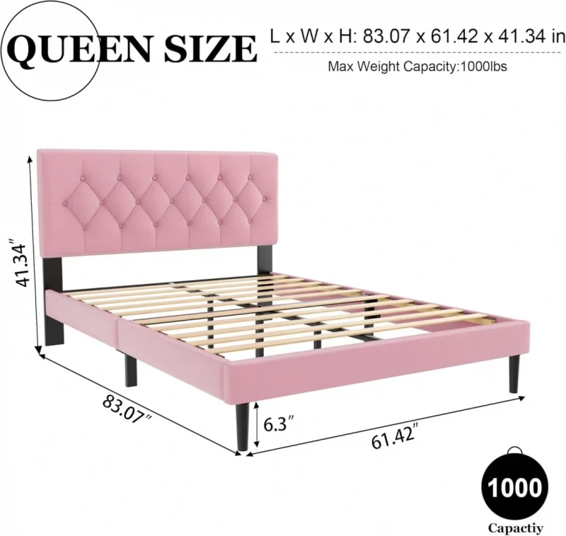 Queen Size Platform Bed Frame with Upholstered Button Tufted Headboard,  Pink Velvet - Image 3