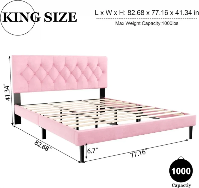 Platform Bed Frame with Upholstered Button Tufted Headboard, Mattress Foundation with Wooden Slat Support, Pink Velvet - Image 4