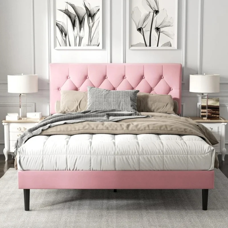 Queen Size Platform Bed Frame with Upholstered Button Tufted Headboard,  Pink Velvet