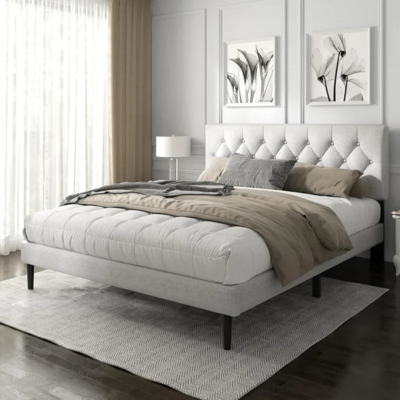 Platform Bed Frame with Upholstered Button Tufted Headboard, Mattress Foundation with Wooden Slat Support, Light Grey