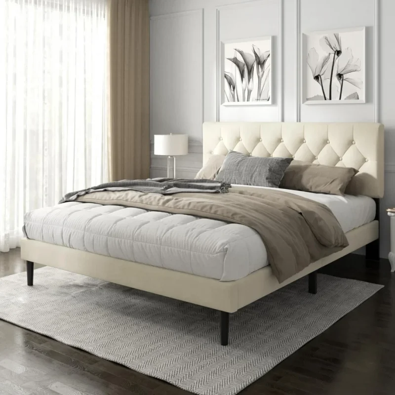 Platform Bed Frame with Upholstered Button Tufted Headboard, Mattress Foundation with Wooden Slat Support, Beige Velvet