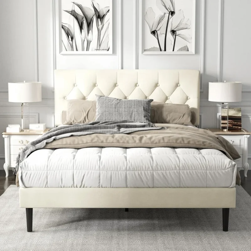 Queen Size Platform Bed Frame with Upholstered Button Tufted Headboard,  Beige Velvet