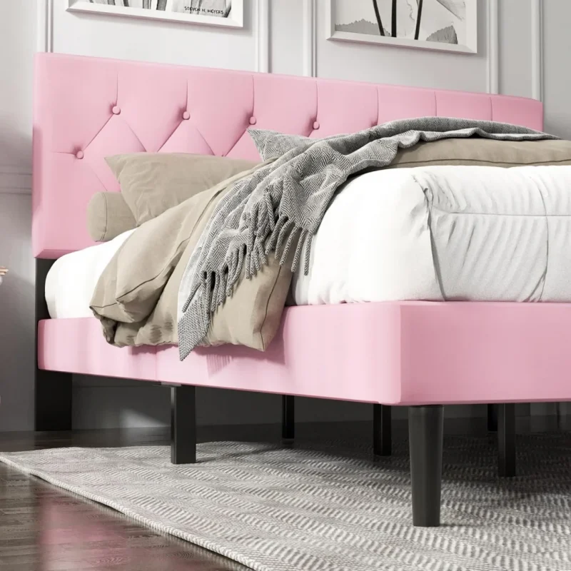 Platform Bed Frame with Upholstered Button Tufted Headboard, Mattress Foundation with Wooden Slat Support, Pink Velvet - Image 5