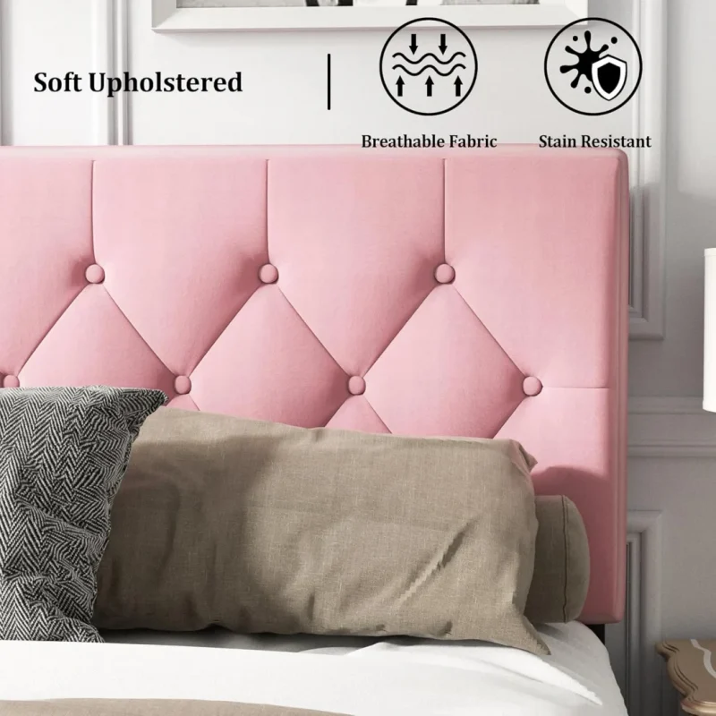 Platform Bed Frame with Upholstered Button Tufted Headboard, Mattress Foundation with Wooden Slat Support, Pink Velvet - Image 2