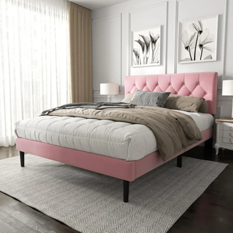 Queen Size Platform Bed Frame with Upholstered Button Tufted Headboard,  Pink Velvet - Image 4