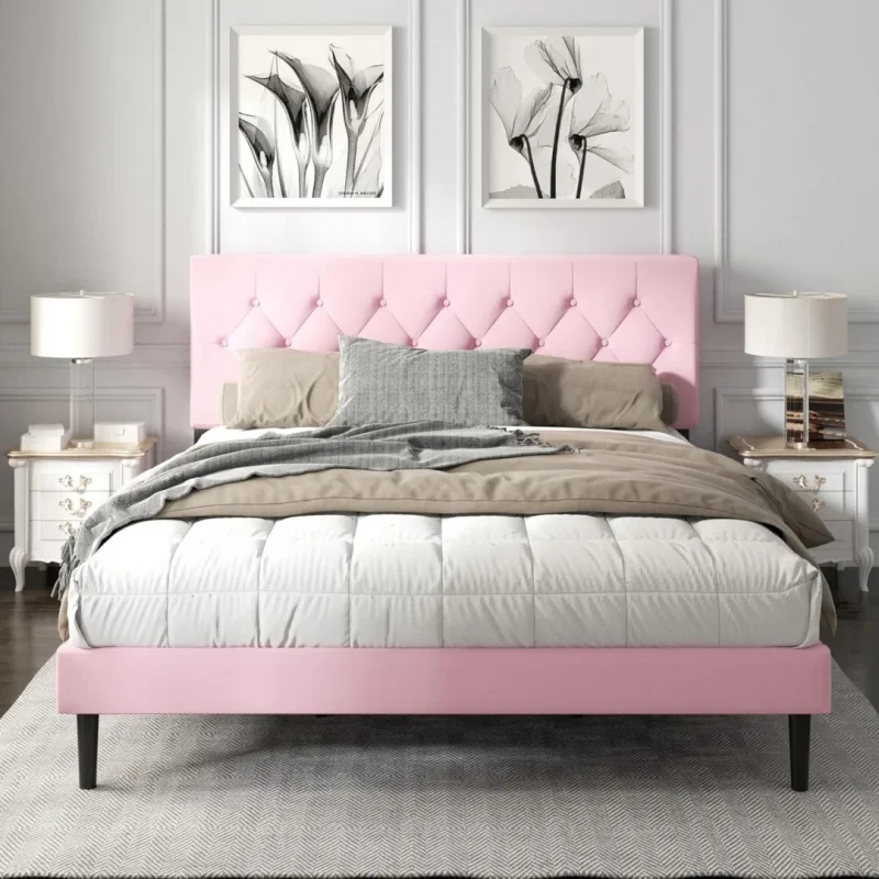 Platform Bed Frame with Upholstered Button Tufted Headboard, Mattress Foundation with Wooden Slat Support, Pink Velvet - Image 3