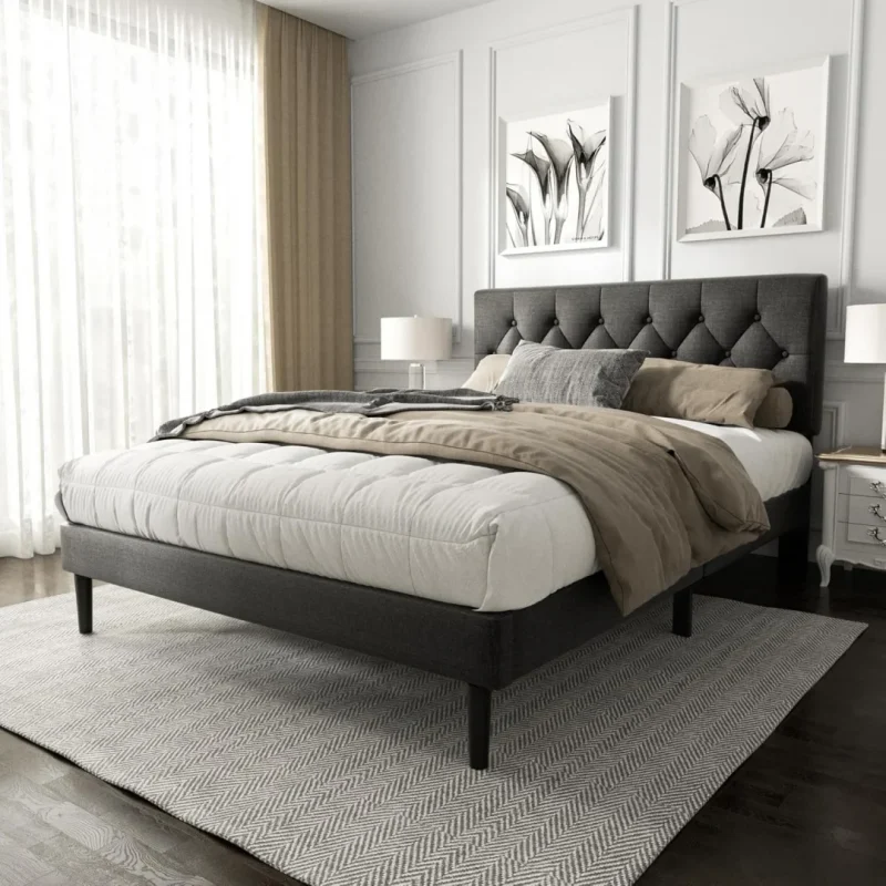 Queen Size Platform Bed Frame with Upholstered Button Tufted Headboard,  Dark Grey - Image 2