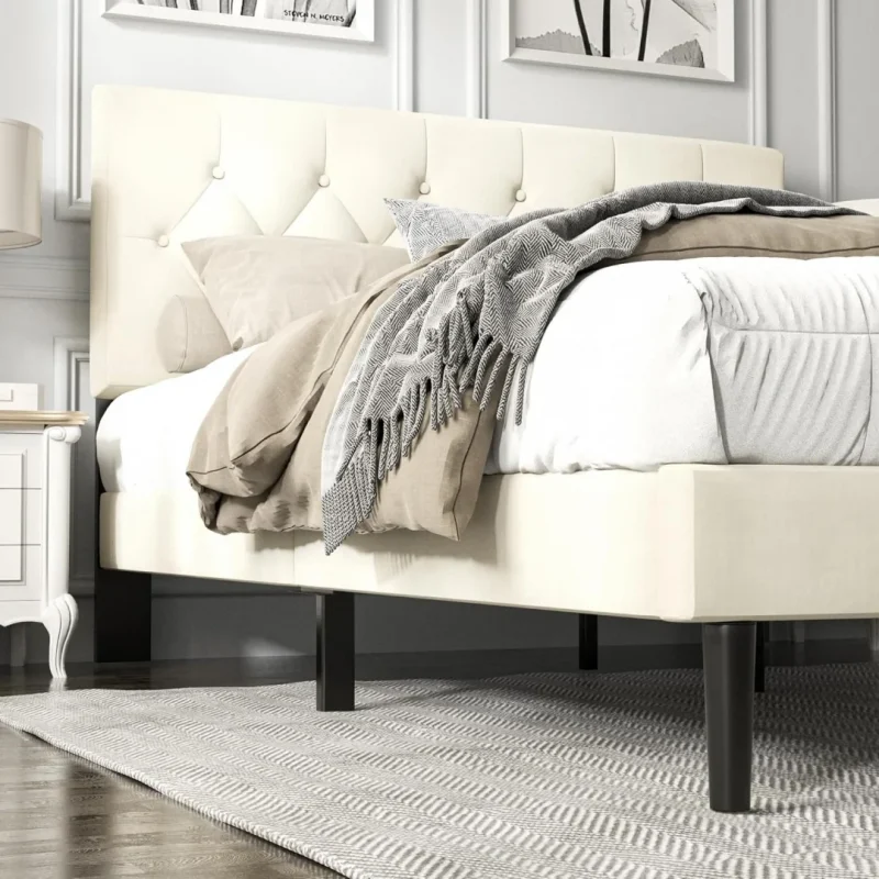 Queen Size Platform Bed Frame with Upholstered Button Tufted Headboard,  Beige Velvet - Image 6