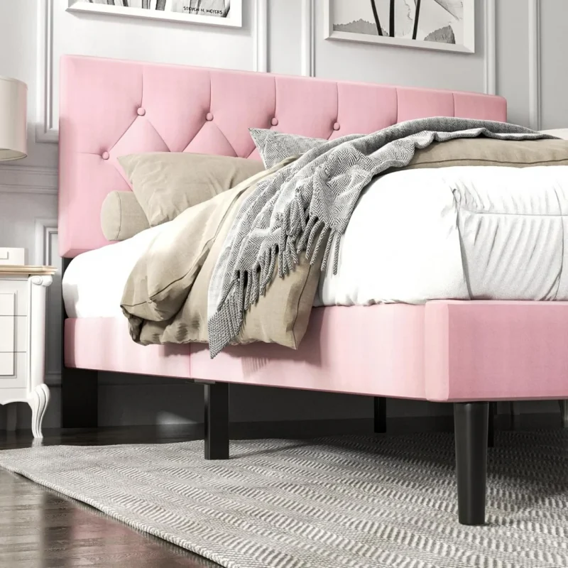 Queen Size Platform Bed Frame with Upholstered Button Tufted Headboard,  Pink Velvet - Image 5