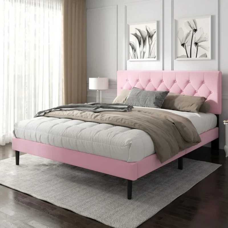 Platform Bed Frame with Upholstered Button Tufted Headboard, Mattress Foundation with Wooden Slat Support, Pink Velvet