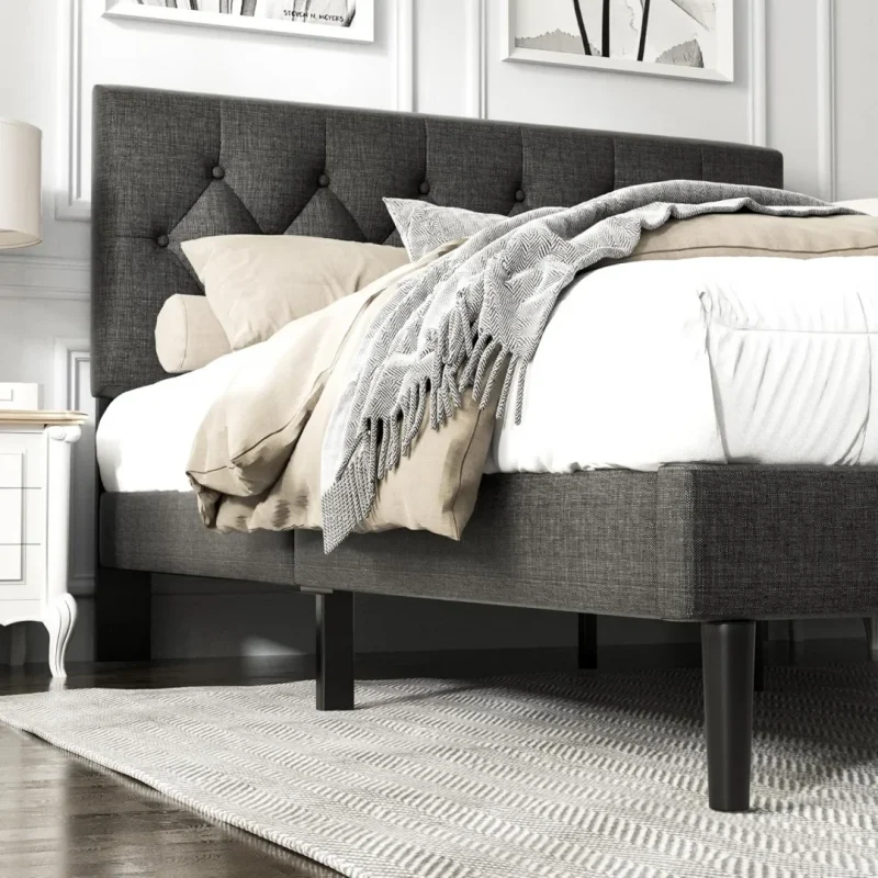 Queen Size Platform Bed Frame with Upholstered Button Tufted Headboard,  Dark Grey - Image 4