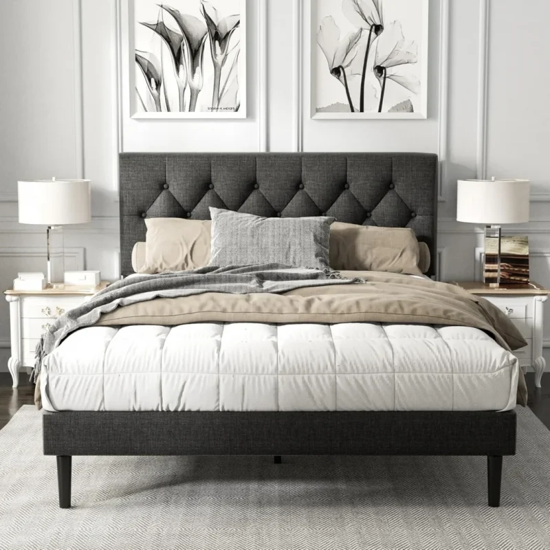 Queen Size Platform Bed Frame with Upholstered Button Tufted Headboard,  Dark Grey